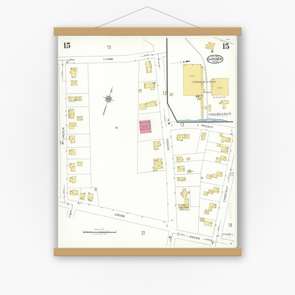 Old map wall art mockup — magnetic wood frame on white wall — Sanborn Fire Insurance Map from Gardner, Worcester County, Massachusetts (1923), Sheet #0015