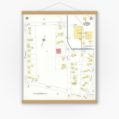 Old map wall art mockup — magnetic wood frame on white wall — Sanborn Fire Insurance Map from Gardner, Worcester County, Massachusetts (1923), Sheet #0015