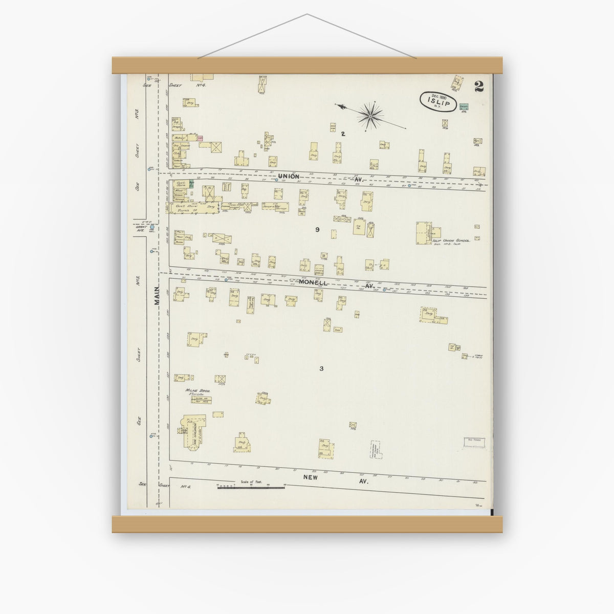 Old map wall art mockup — magnetic wood frame on white wall — Sanborn Fire Insurance Map from Islip, Suffolk County, New York (1890), Sheet #0002