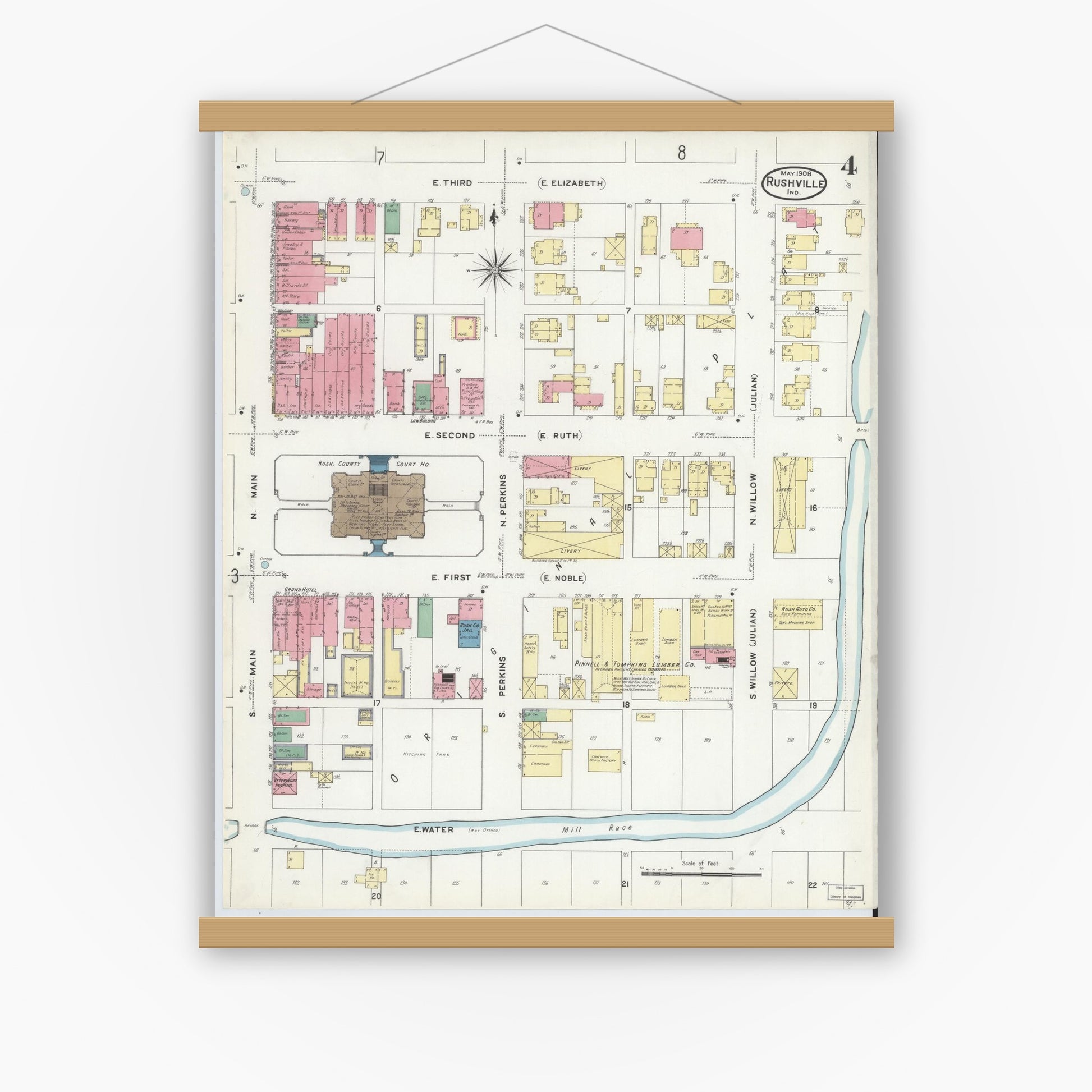 Old map wall art mockup — magnetic wood frame on white wall — Sanborn Fire Insurance Map from Rushville, Rush County, Indiana (1908), Sheet #0004