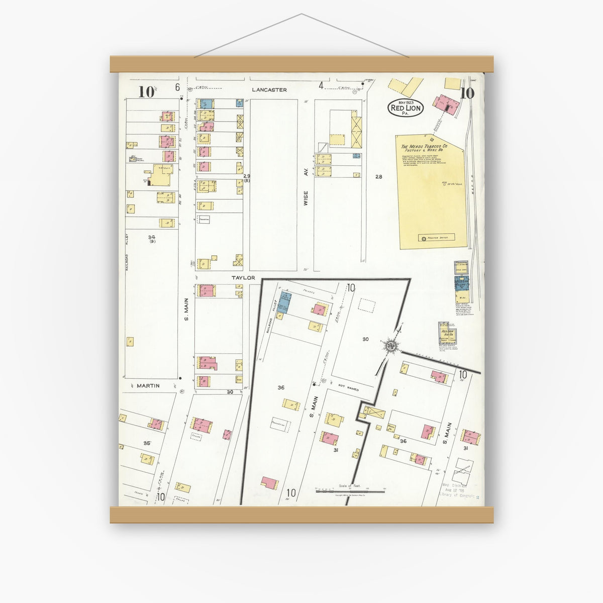 Old map wall art mockup — magnetic wood frame on white wall — Sanborn Fire Insurance Map from Red Lion, York County, Pennsylvania (1923), Sheet #0010