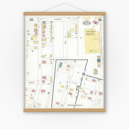 Old map wall art mockup — magnetic wood frame on white wall — Sanborn Fire Insurance Map from Red Lion, York County, Pennsylvania (1923), Sheet #0010