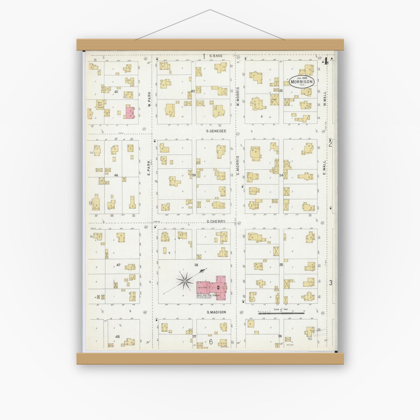 Old map wall art mockup — magnetic wood frame on white wall — Sanborn Fire Insurance Map from Morrison, Whiteside County, Illinois (1903), Sheet #0004
