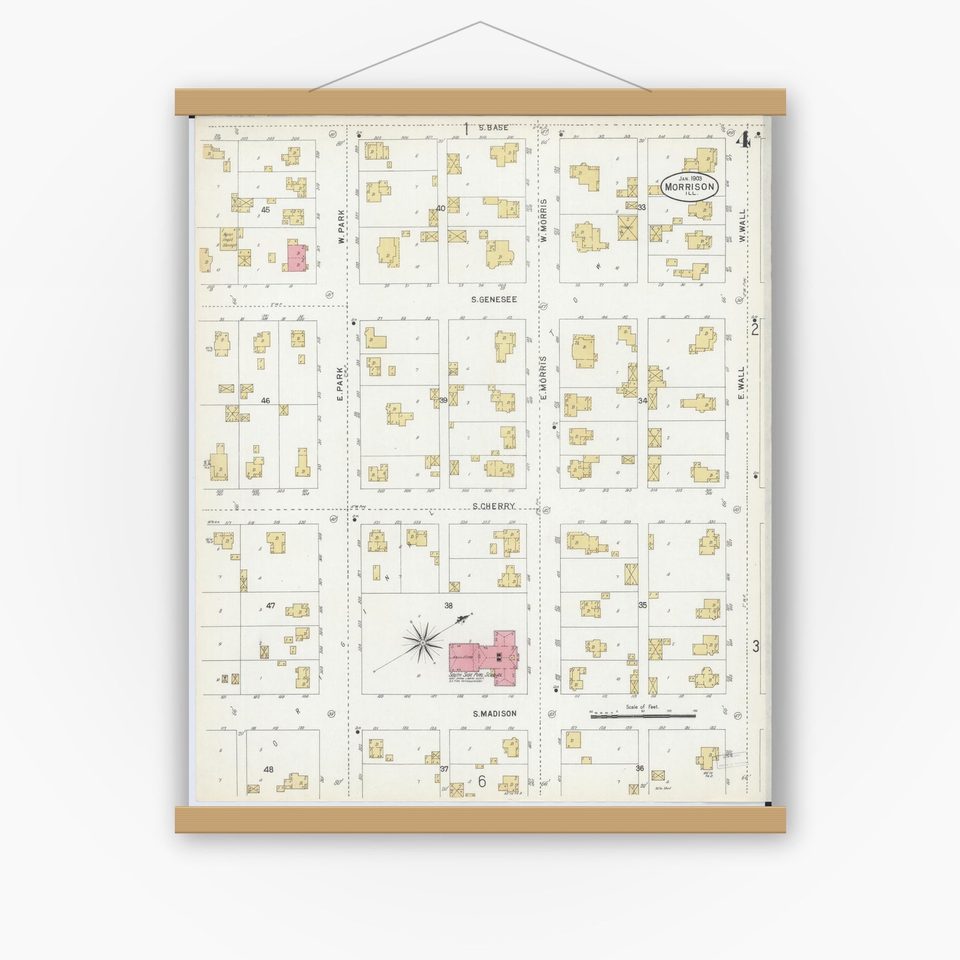Old map wall art mockup — magnetic wood frame on white wall — Sanborn Fire Insurance Map from Morrison, Whiteside County, Illinois (1903), Sheet #0004