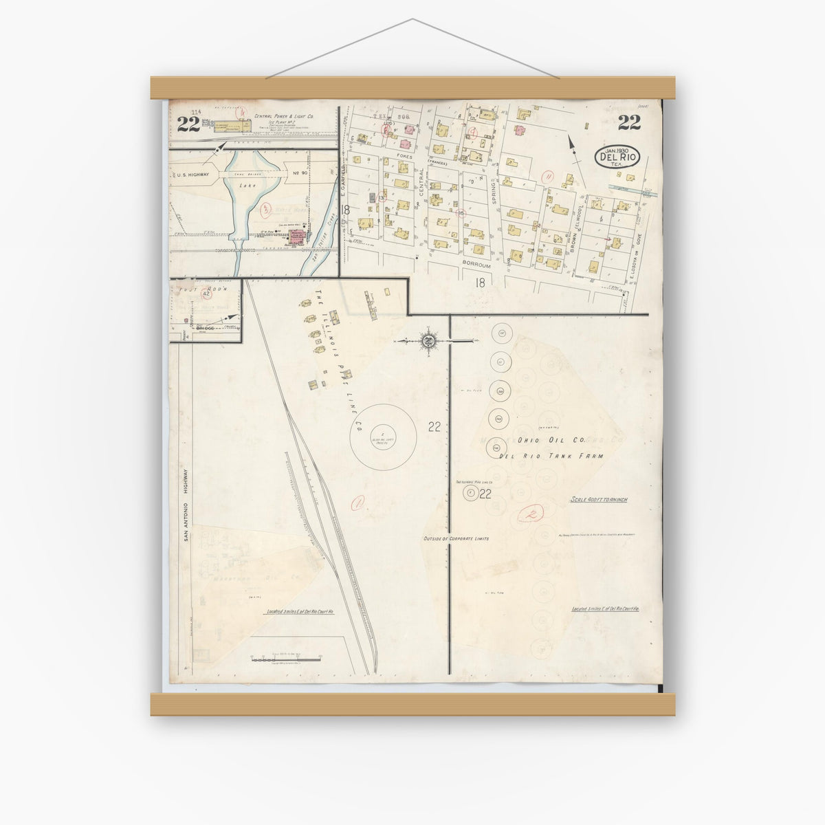 Old map wall art mockup — magnetic wood frame on white wall — Sanborn Fire Insurance Map from Del Rio, Val Verde County, Texas (1948), Sheet #0022