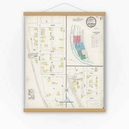 Old map wall art mockup — magnetic wood frame on white wall — Sanborn Fire Insurance Map from East Brady, Clarion County, Pennsylvania (1897), Sheet #0001