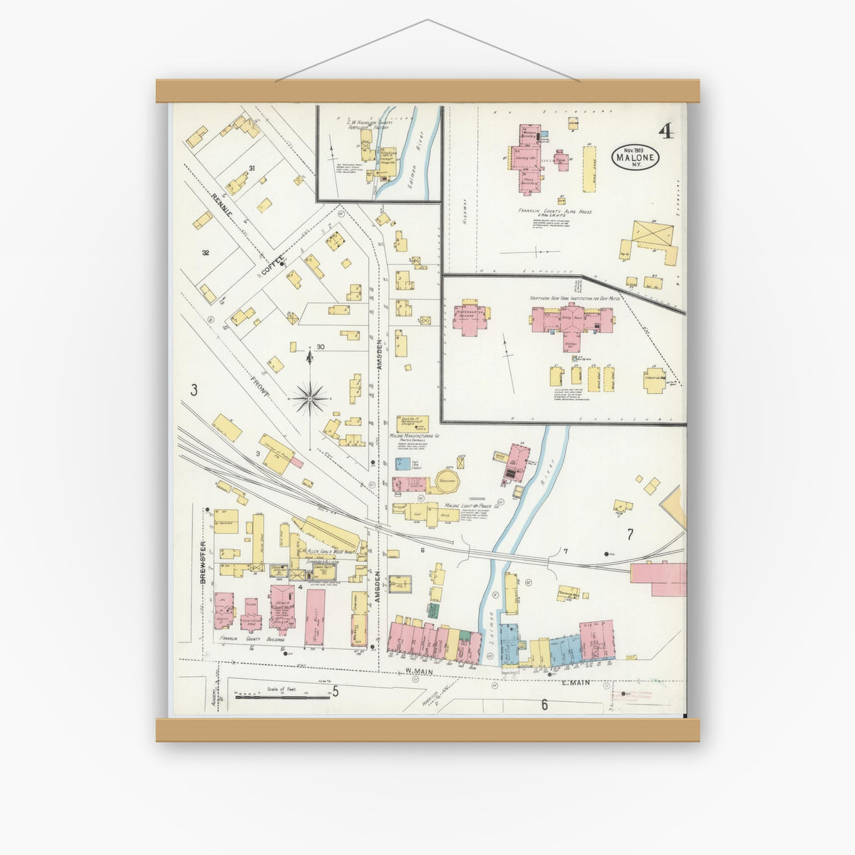 Old map wall art mockup — magnetic wood frame on white wall — Sanborn Fire Insurance Map from Malone, Franklin County, New York (1903), Sheet #0004