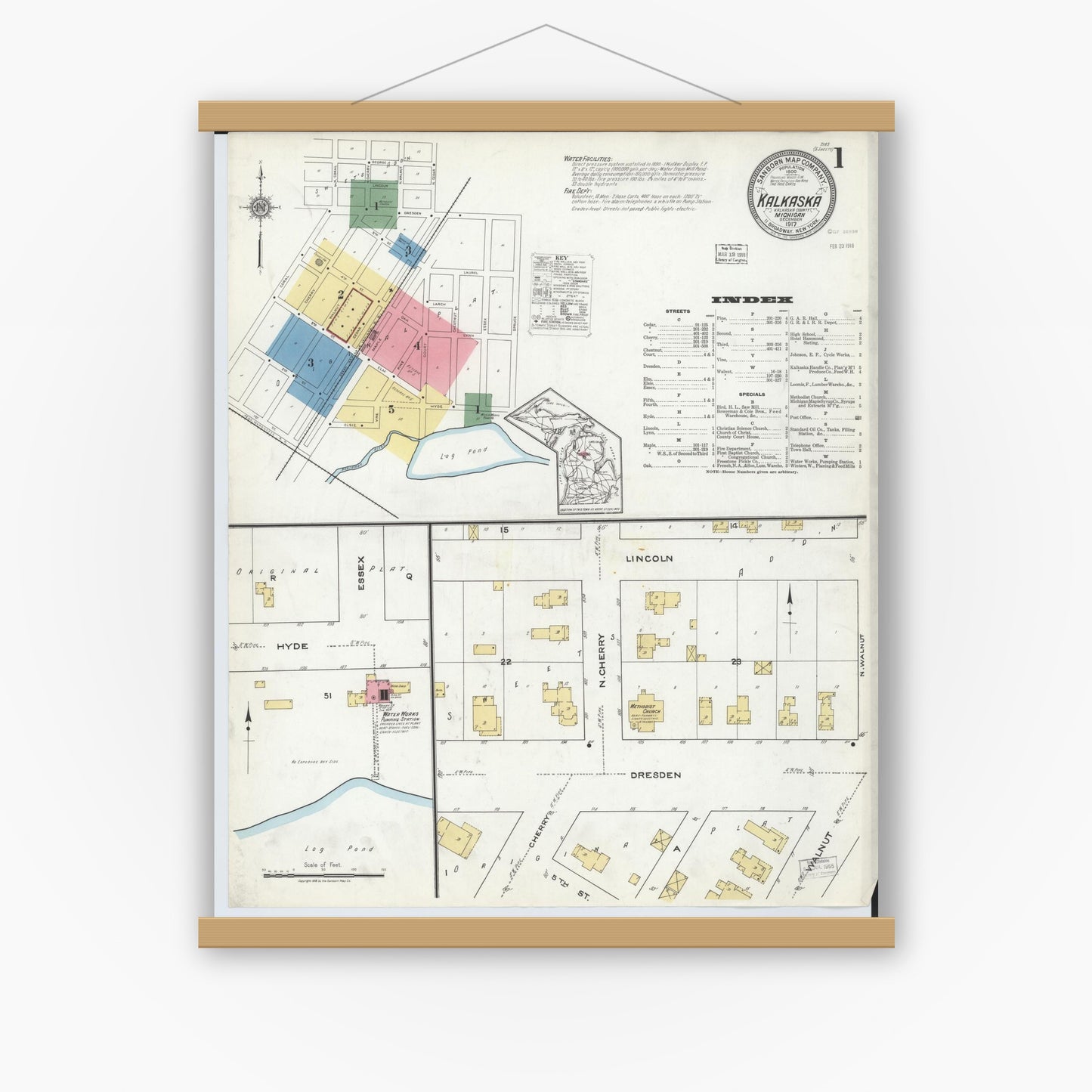 Old map wall art mockup — magnetic wood frame on white wall — Sanborn Fire Insurance Map from Kalkaska, Kalkaska County, Michigan (1917), Sheet #0001