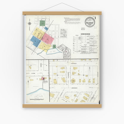 Old map wall art mockup — magnetic wood frame on white wall — Sanborn Fire Insurance Map from Kalkaska, Kalkaska County, Michigan (1917), Sheet #0001