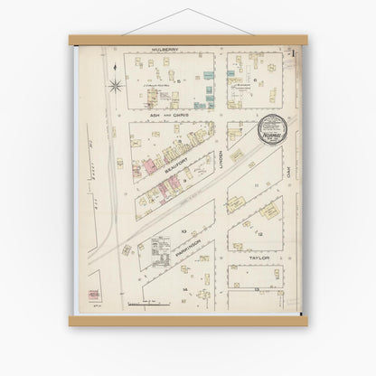 Old map wall art mockup — magnetic wood frame on white wall — Sanborn Fire Insurance Map from Normal, McLean County, Illinois (1885), Sheet #0001