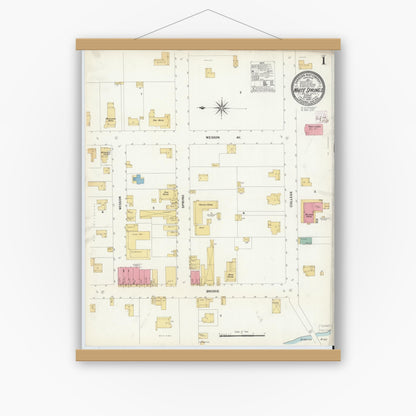 Old map wall art mockup — magnetic wood frame on white wall — Sanborn Fire Insurance Map from White Springs, Hamilton County, Florida (1908), Sheet #0001