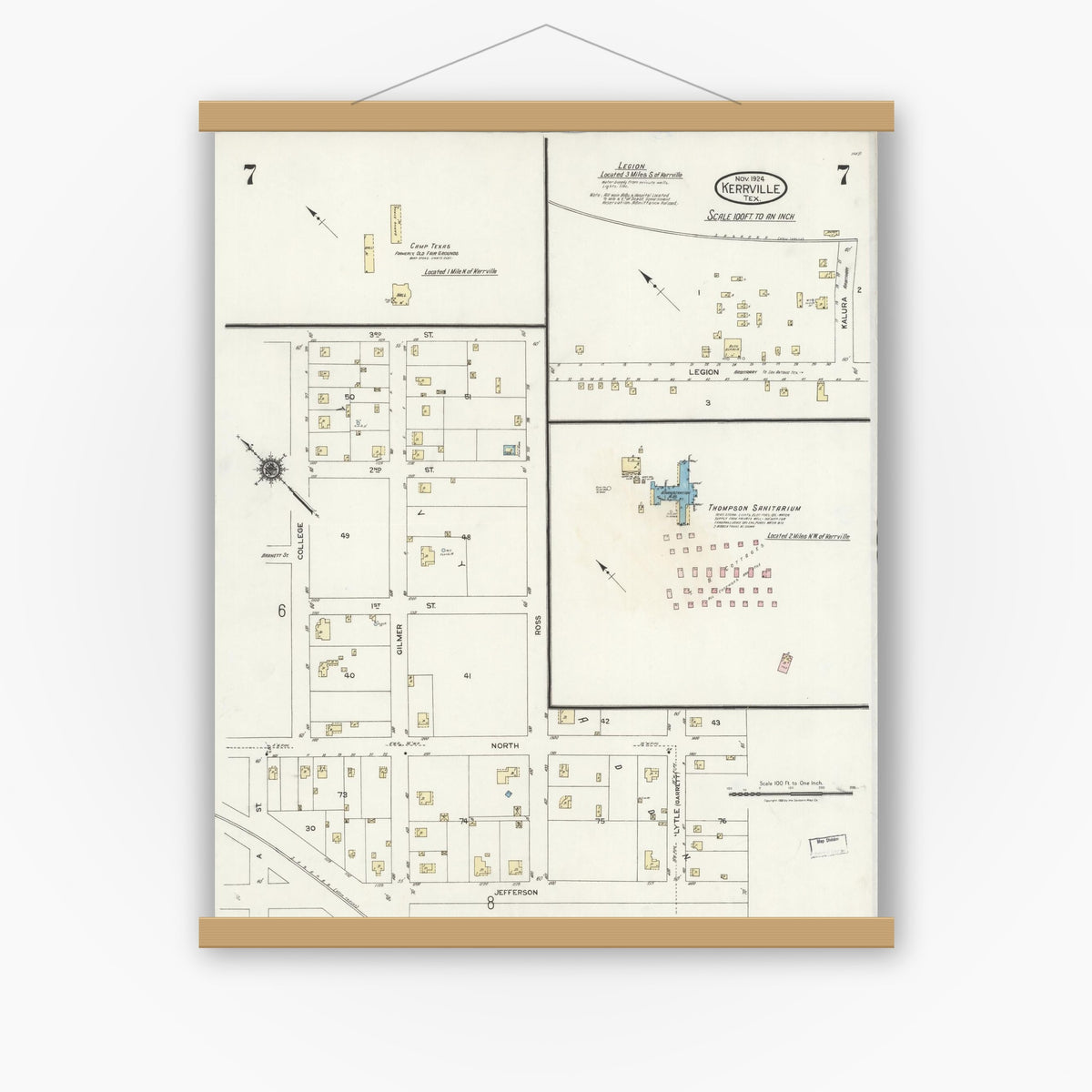Old map wall art mockup — magnetic wood frame on white wall — Sanborn Fire Insurance Map from Kerrville, Kerr County, Texas (1924), Sheet #0007