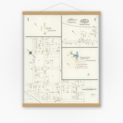 Old map wall art mockup — magnetic wood frame on white wall — Sanborn Fire Insurance Map from Kerrville, Kerr County, Texas (1924), Sheet #0007