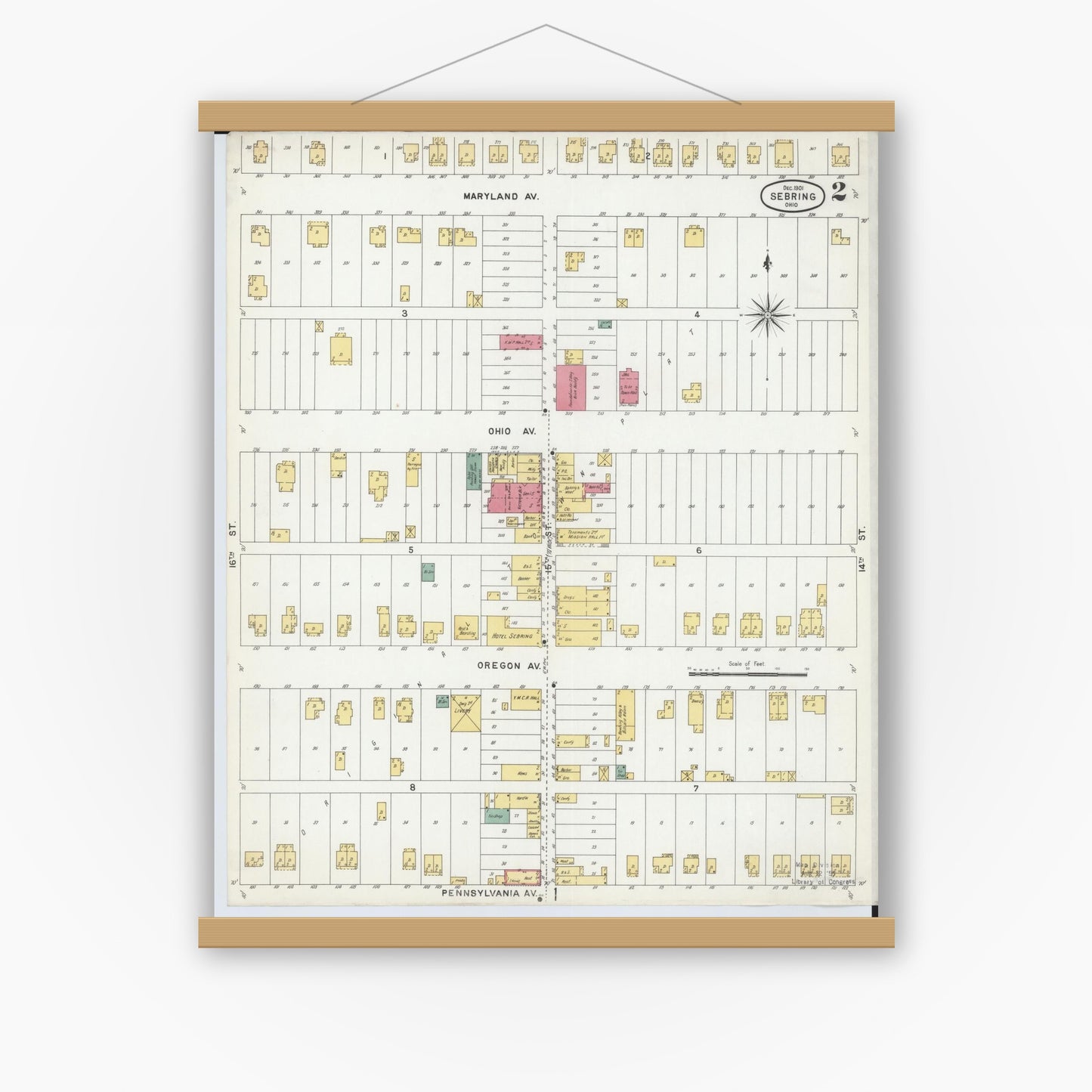 Old map wall art mockup — magnetic wood frame on white wall — Sanborn Fire Insurance Map from Sebring, Mahoning County, Ohio (1901), Sheet #0002