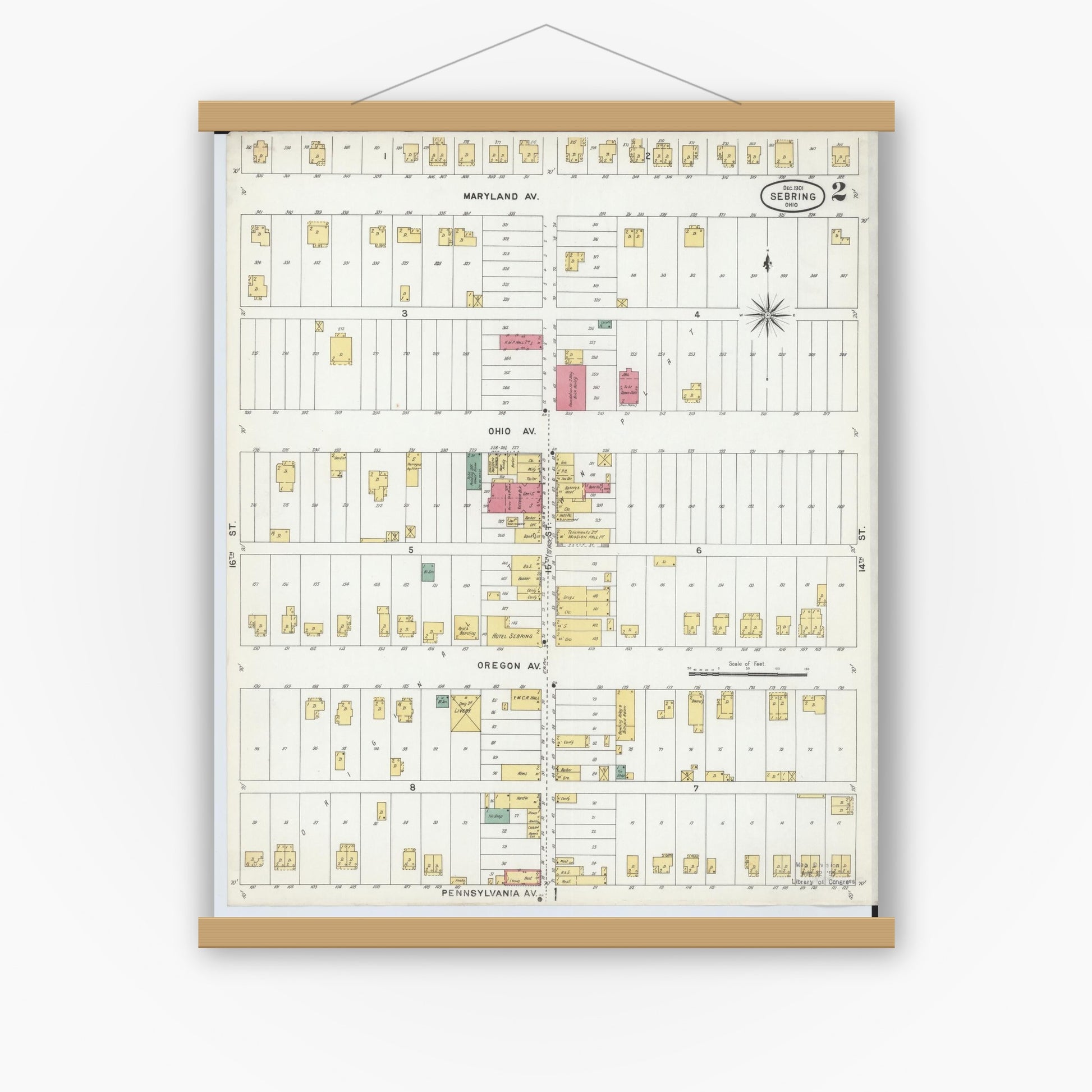 Old map wall art mockup — magnetic wood frame on white wall — Sanborn Fire Insurance Map from Sebring, Mahoning County, Ohio (1901), Sheet #0002
