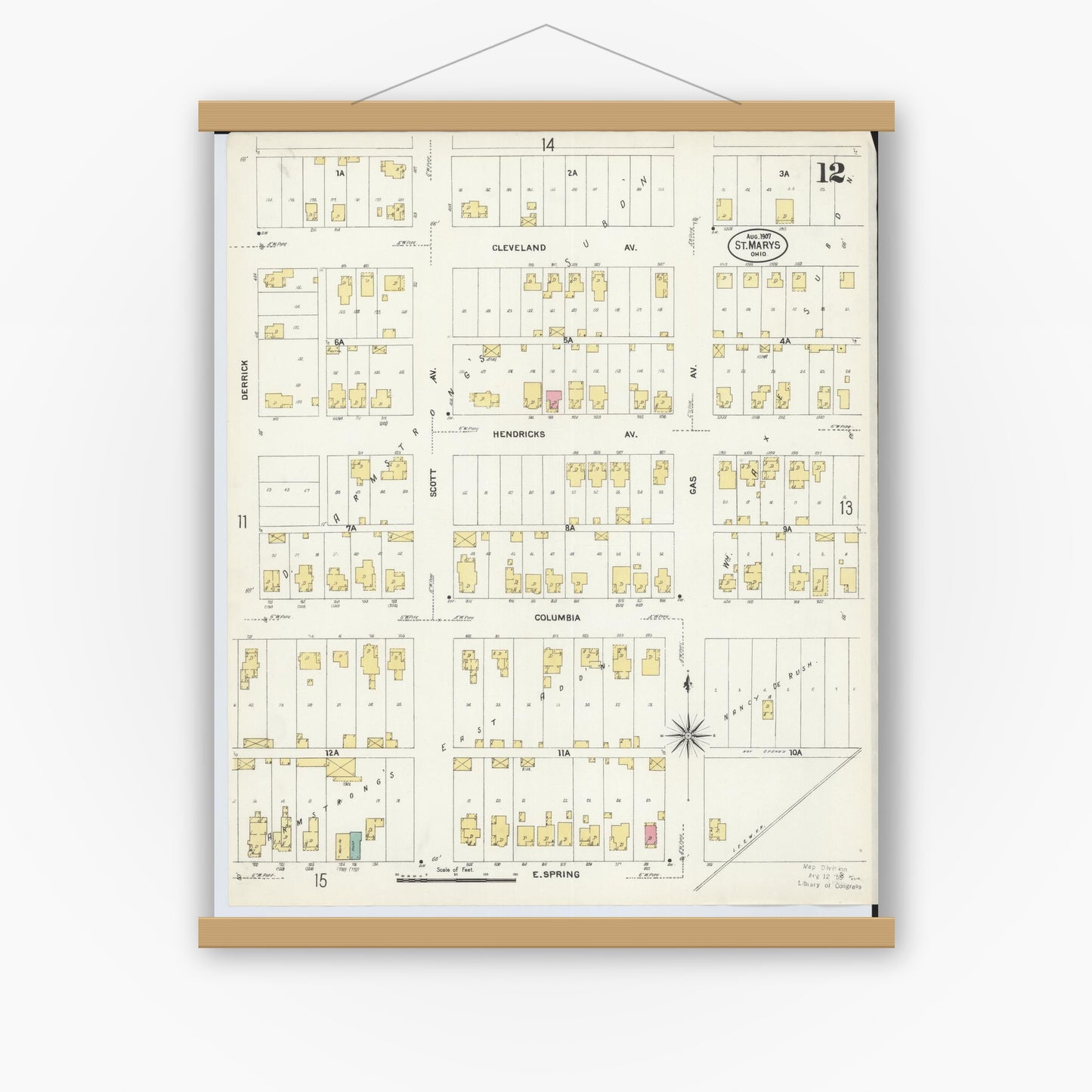 Old map wall art mockup — magnetic wood frame on white wall — Sanborn Fire Insurance Map from Saint Marys, Auglaize County, Ohio (1907), Sheet #0012
