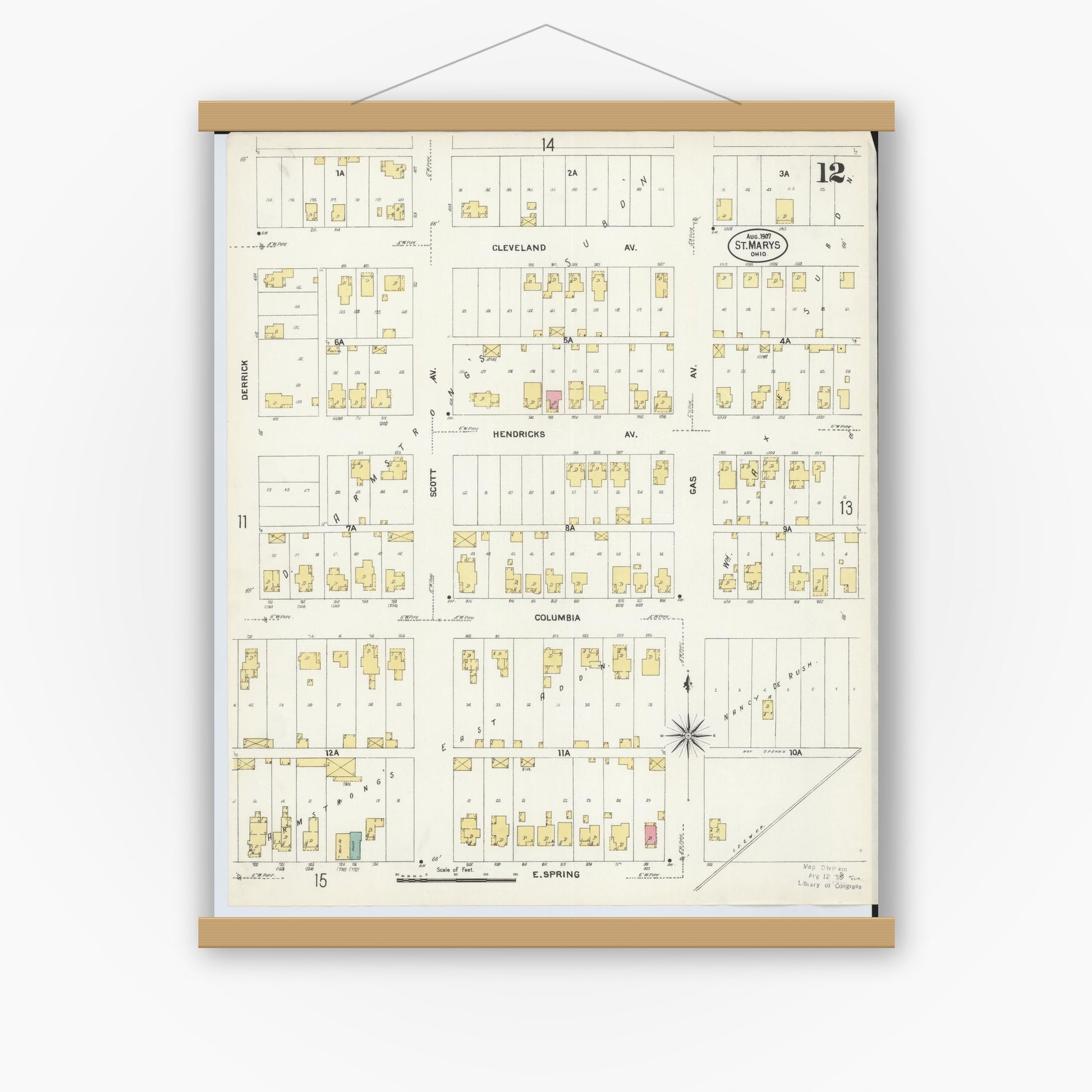 Old map wall art mockup — magnetic wood frame on white wall — Sanborn Fire Insurance Map from Saint Marys, Auglaize County, Ohio (1907), Sheet #0012