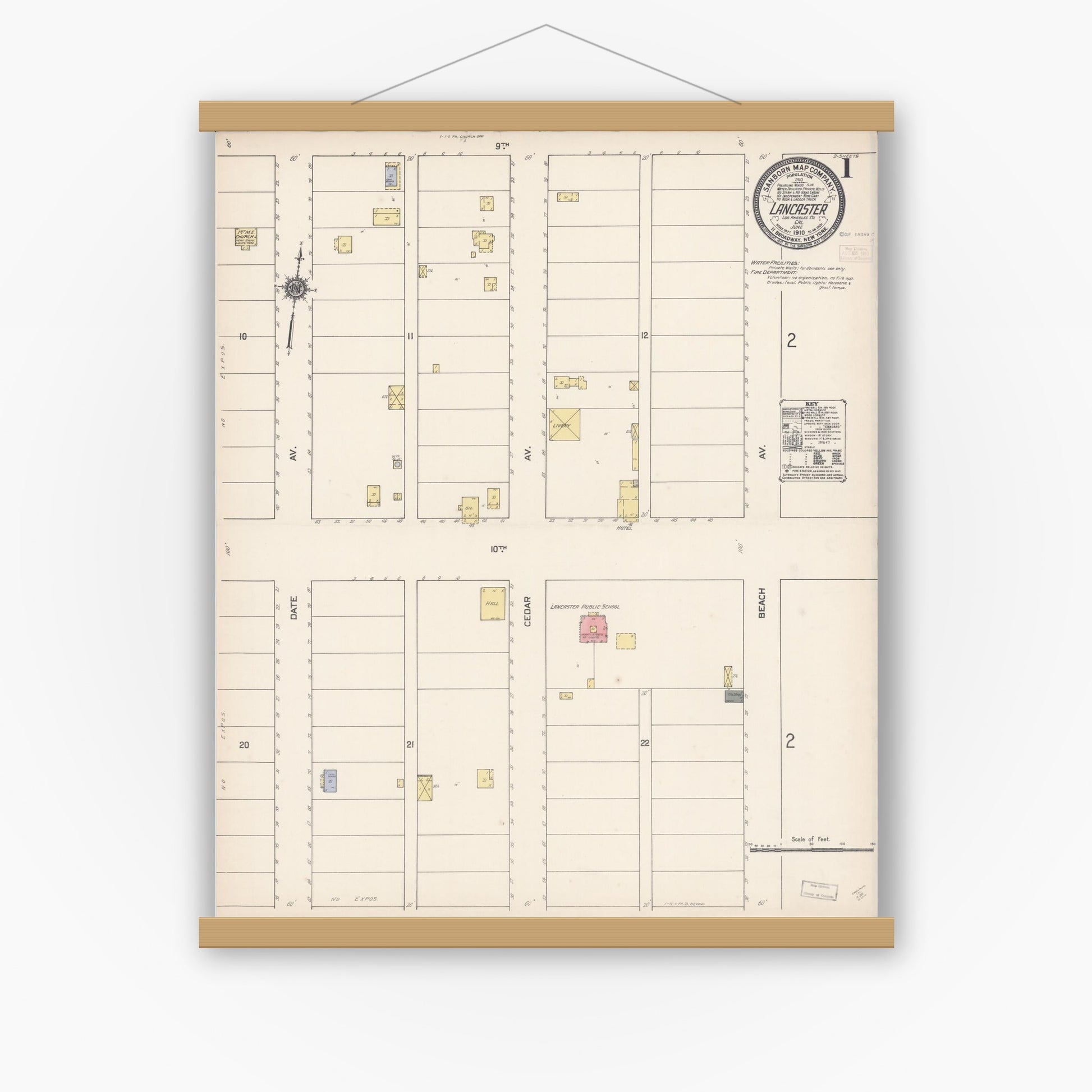 Old map wall art mockup — magnetic wood frame on white wall — Sanborn Fire Insurance Map from Lancaster, Los Angeles County, California (1910), Sheet #0001