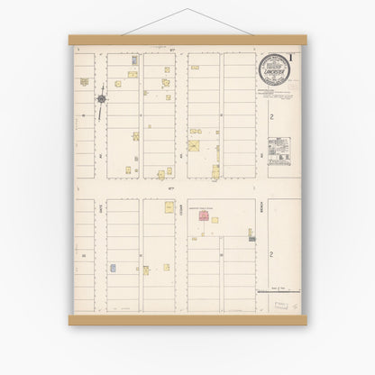 Old map wall art mockup — magnetic wood frame on white wall — Sanborn Fire Insurance Map from Lancaster, Los Angeles County, California (1910), Sheet #0001