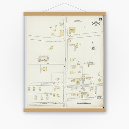 Old map wall art mockup — magnetic wood frame on white wall — Sanborn Fire Insurance Map from Natick, Middlesex County, Massachusetts (1894), Sheet #0013