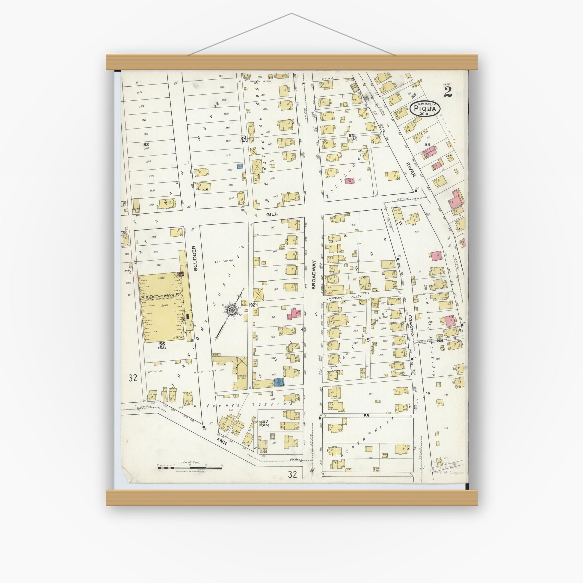 Old map wall art mockup — magnetic wood frame on white wall — Sanborn Fire Insurance Map from Piqua, Miami County, Ohio (1920), Sheet #0002