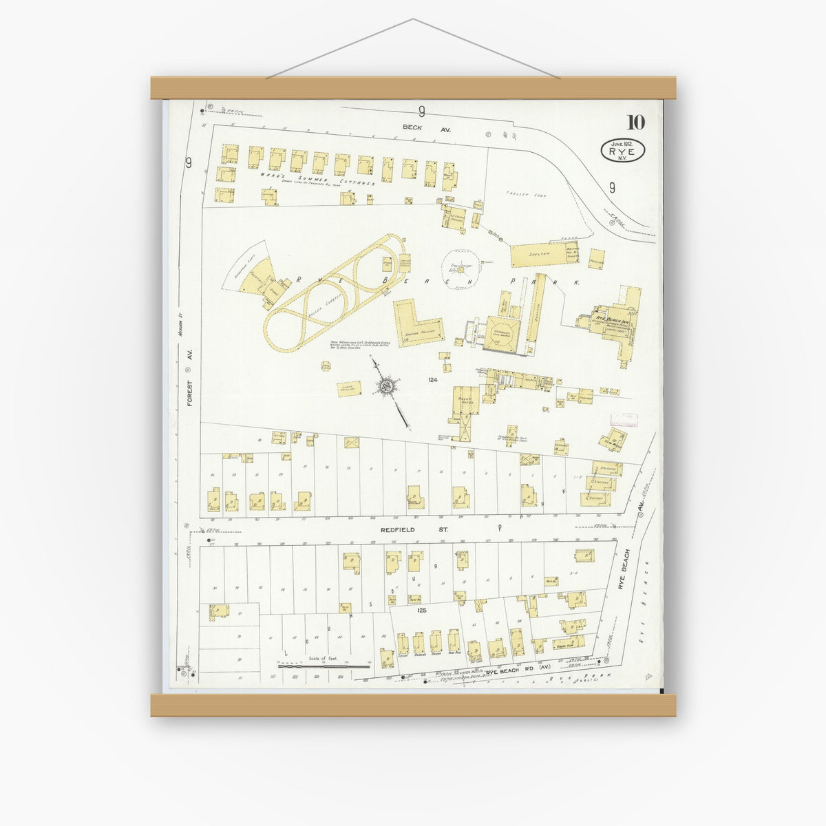 Old map wall art mockup — magnetic wood frame on white wall — Sanborn Fire Insurance Map from Rye, Westchester County, New York (1912), Sheet #0010