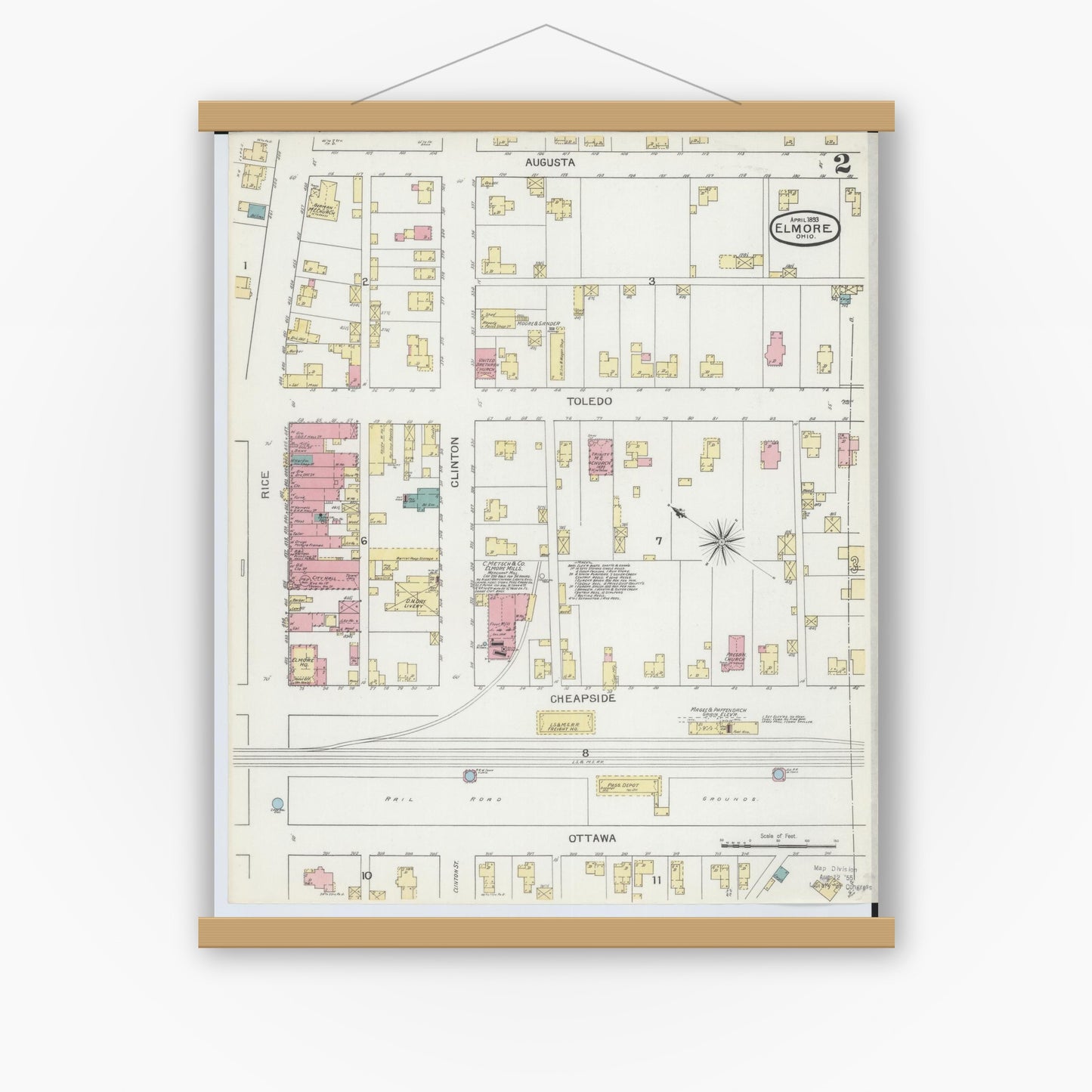 Old map wall art mockup — magnetic wood frame on white wall — Sanborn Fire Insurance Map from Elmore, Ottawa County, Ohio (1893), Sheet #0002