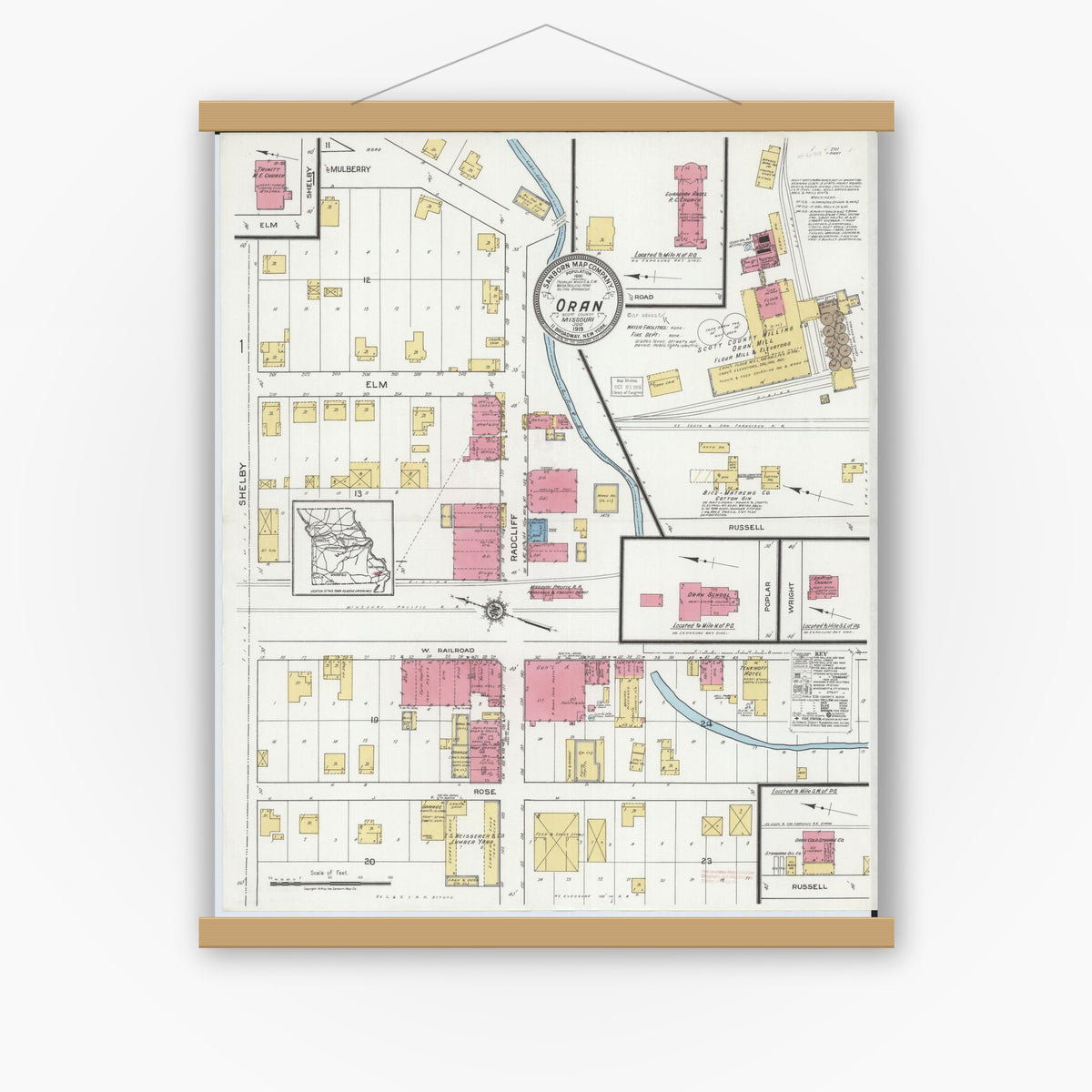 Old map wall art mockup — magnetic wood frame on white wall — Sanborn Fire Insurance Map from Oran, Scott County, Missouri (1919), Sheet #0001