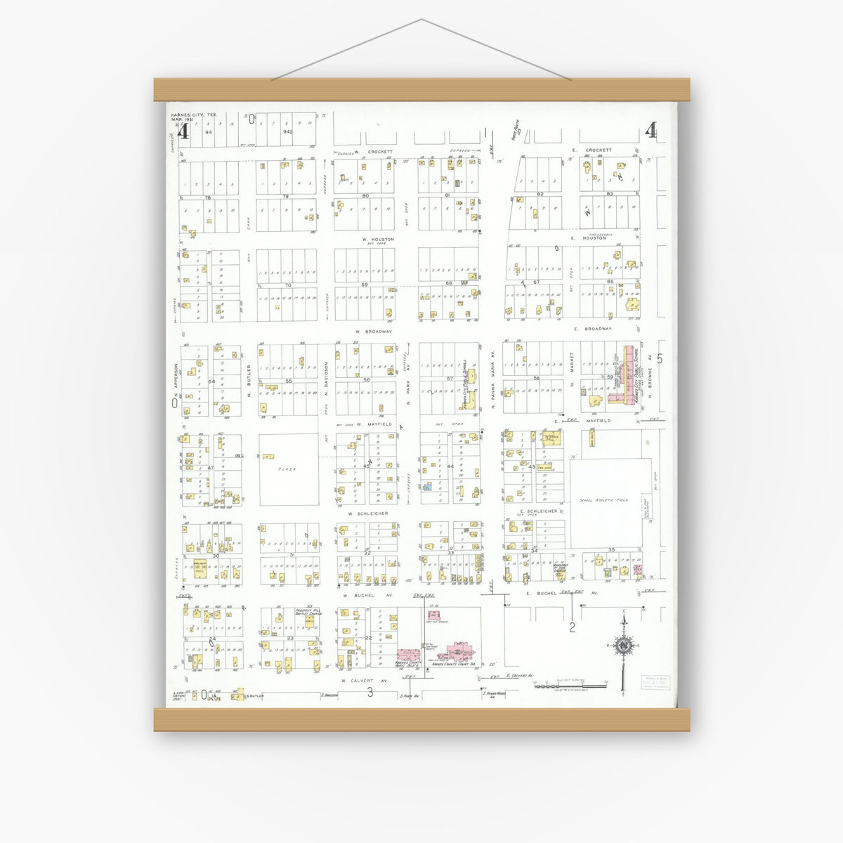 Old map wall art mockup — magnetic wood frame on white wall — Sanborn Fire Insurance Map from Karnes City, Karnes County, Texas (1951), Sheet #0004