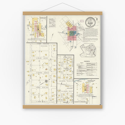 Old map wall art mockup — magnetic wood frame on white wall — Sanborn Fire Insurance Map from Elgin, Bastrop County, Texas (1916) - Complete Map Set