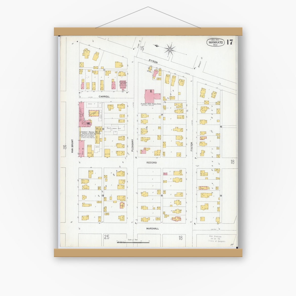 Old map wall art mockup — magnetic wood frame on white wall — Sanborn Fire Insurance Map from Mankato, Blue Earth County, Minnesota (1900), Sheet #0017