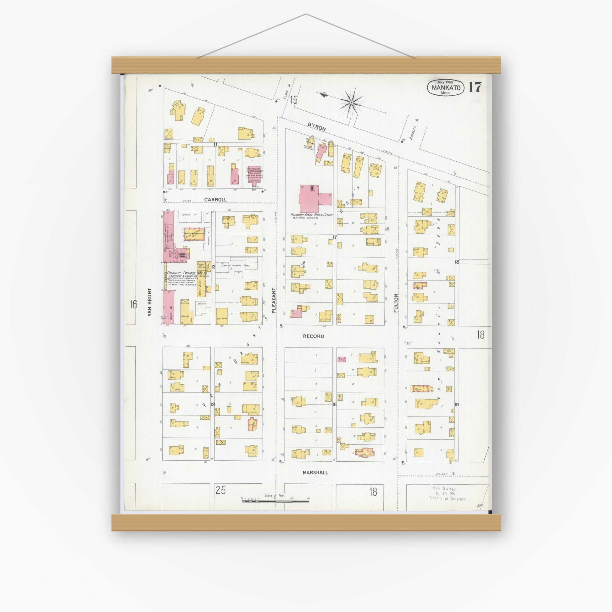 Old map wall art mockup — magnetic wood frame on white wall — Sanborn Fire Insurance Map from Mankato, Blue Earth County, Minnesota (1900), Sheet #0017