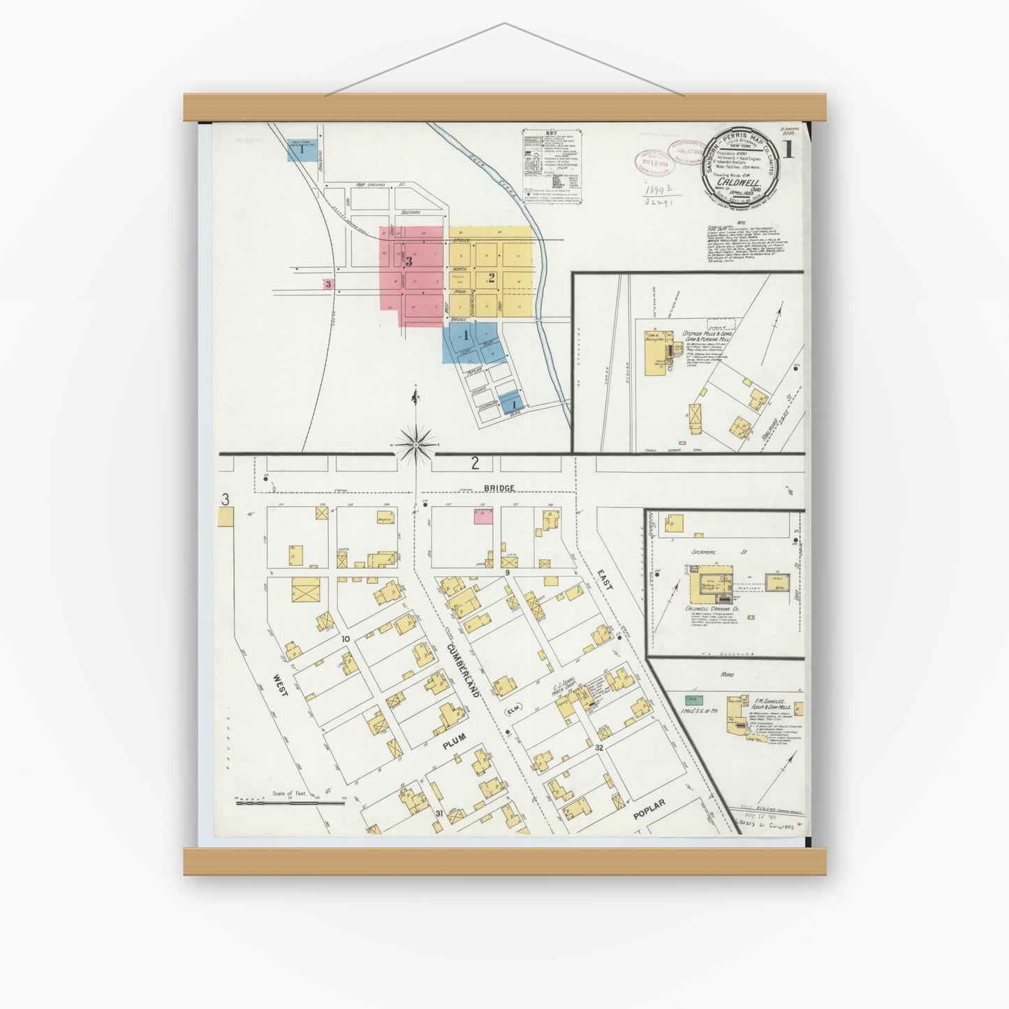 Old map wall art mockup — magnetic wood frame on white wall — Sanborn Fire Insurance Map from Caldwell, Noble County, Ohio (1899), Sheet #0001