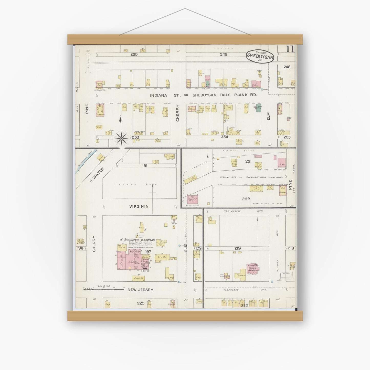 Old map wall art mockup — magnetic wood frame on white wall — Sanborn Fire Insurance Map from Sheboygan, Sheboygan County, Wisconsin (1887), Sheet #0011