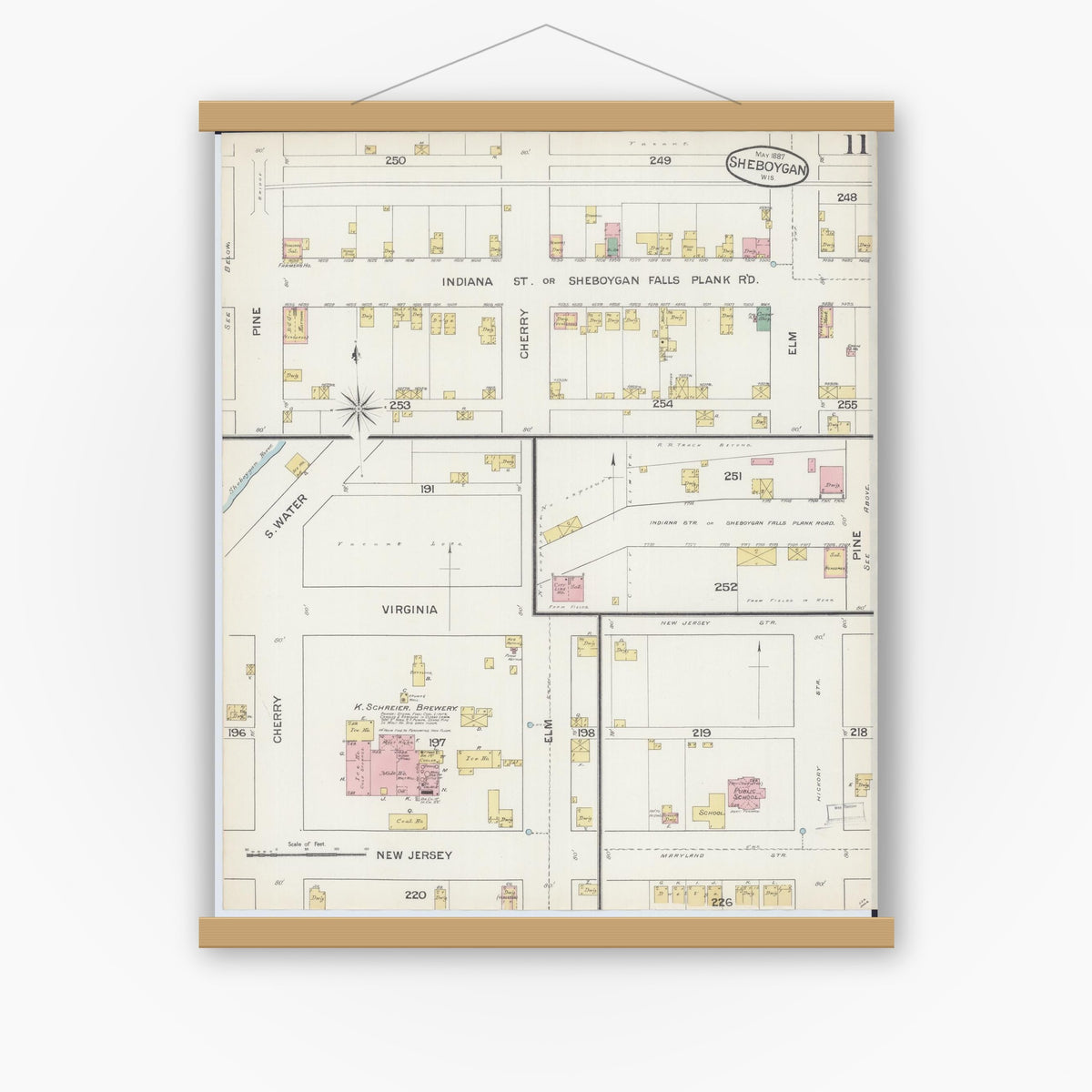Old map wall art mockup — magnetic wood frame on white wall — Sanborn Fire Insurance Map from Sheboygan, Sheboygan County, Wisconsin (1887), Sheet #0011