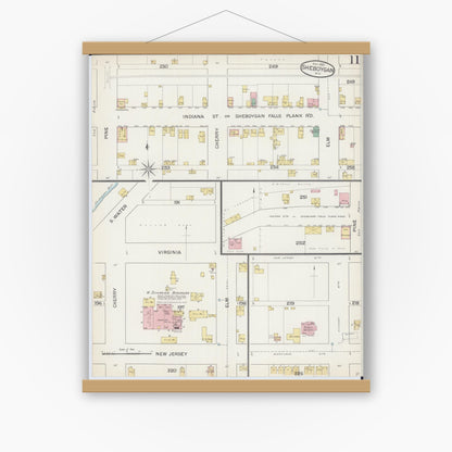 Old map wall art mockup — magnetic wood frame on white wall — Sanborn Fire Insurance Map from Sheboygan, Sheboygan County, Wisconsin (1887), Sheet #0011