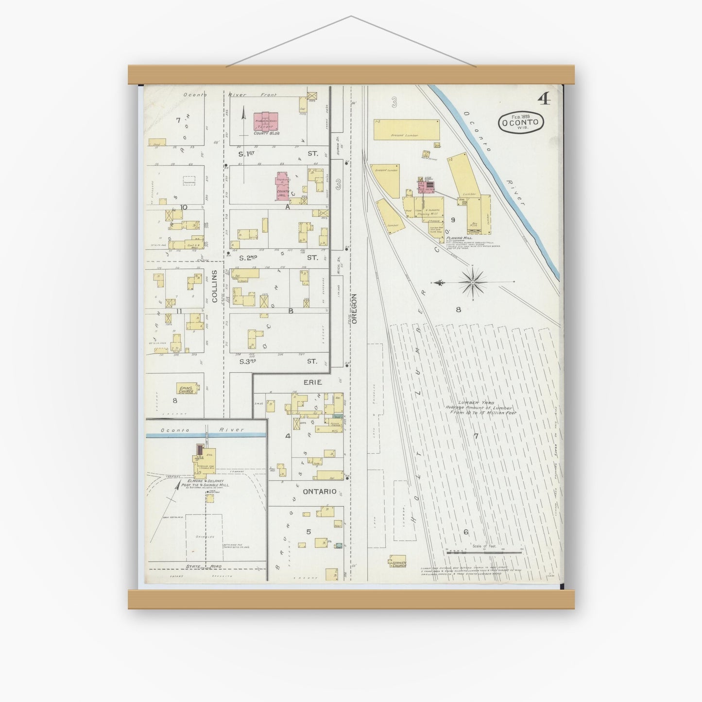 Old map wall art mockup — magnetic wood frame on white wall — Sanborn Fire Insurance Map from Oconto, Oconto County, Wisconsin (1893), Sheet #0004