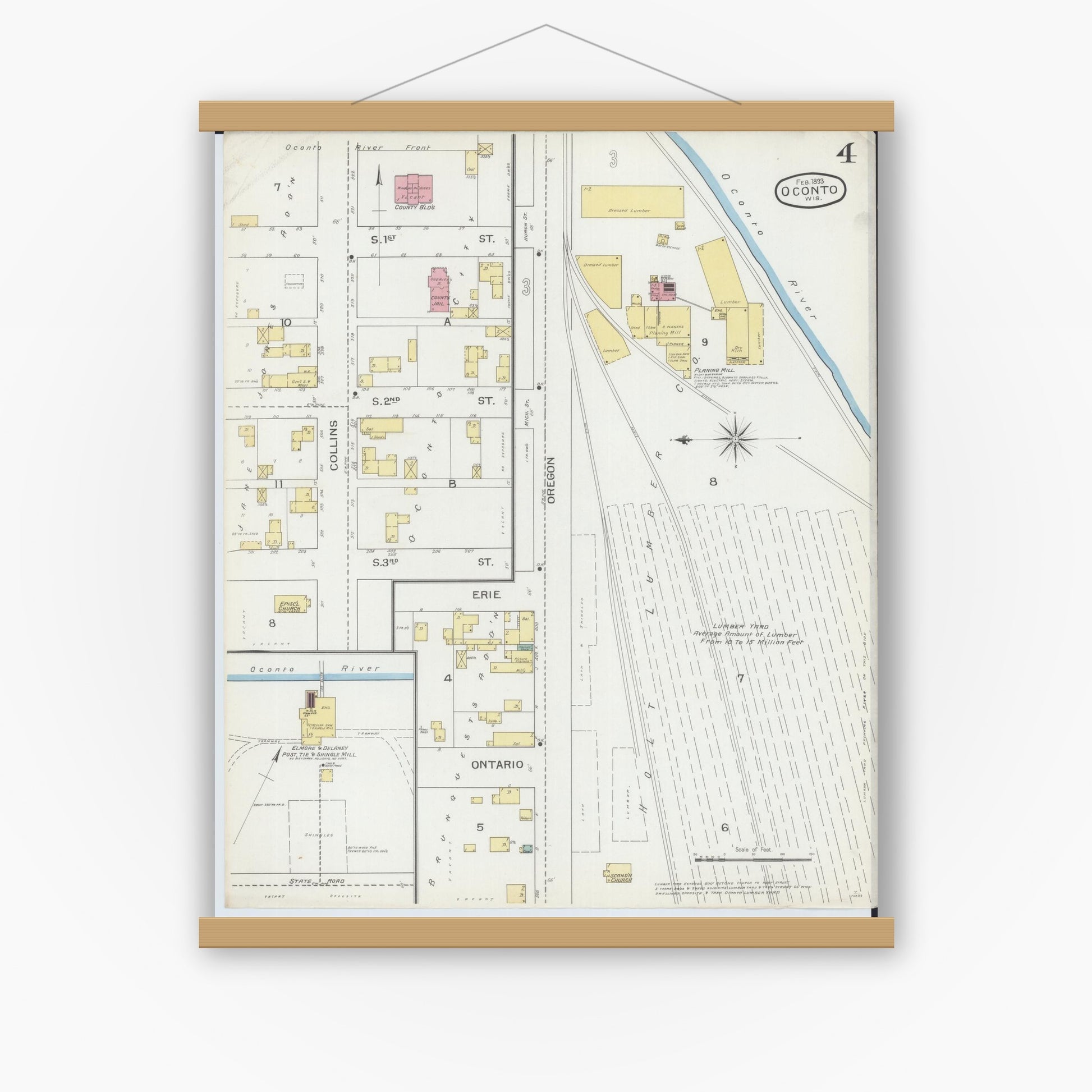 Old map wall art mockup — magnetic wood frame on white wall — Sanborn Fire Insurance Map from Oconto, Oconto County, Wisconsin (1893), Sheet #0004