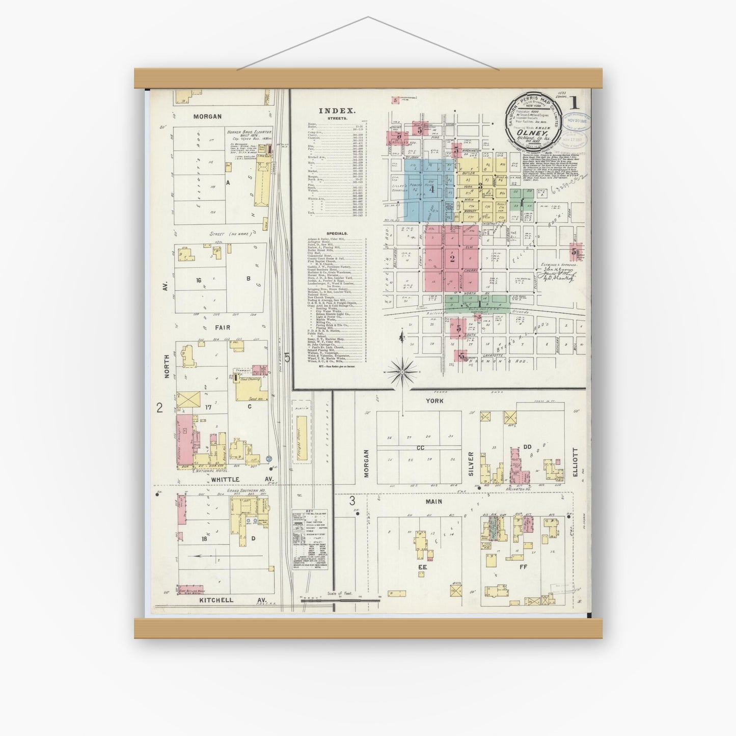 Old map wall art mockup — magnetic wood frame on white wall — Sanborn Fire Insurance Map from Olney, Richland County, Illinois (1897) - Complete Map Set