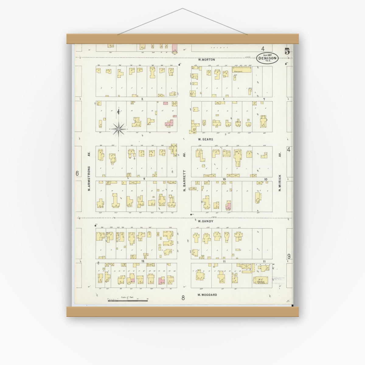Old map wall art mockup — magnetic wood frame on white wall — Sanborn Fire Insurance Map from Denison, Grayson County, Texas (1897), Sheet #0005