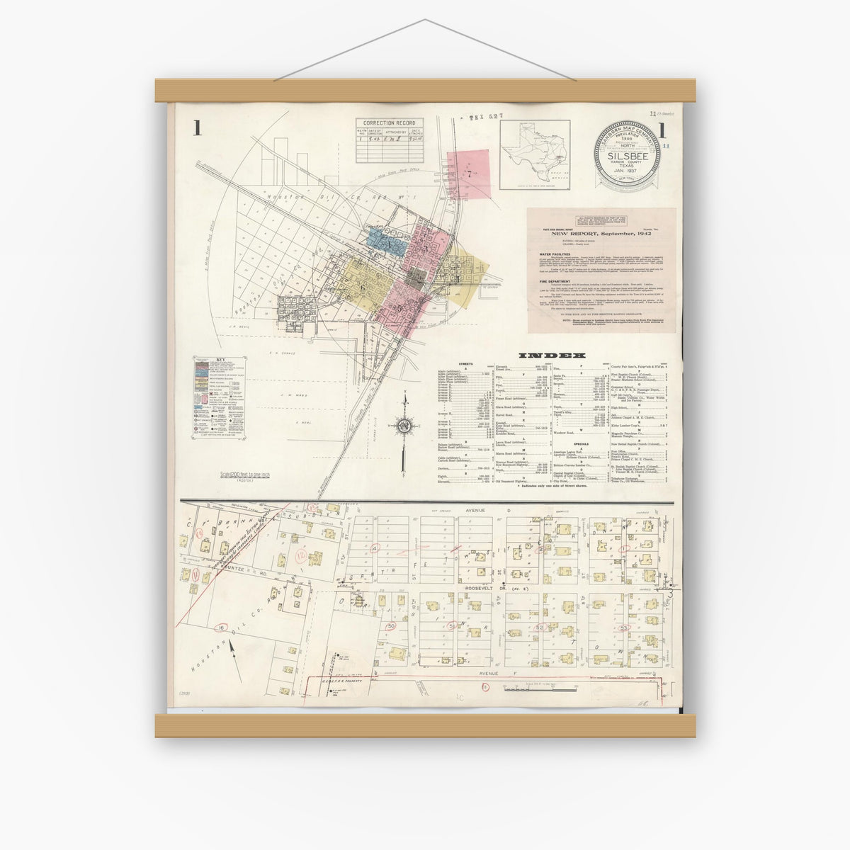 Old map wall art mockup — magnetic wood frame on white wall — Sanborn Fire Insurance Map from Silsbee, Hardin County, Texas (1942) - Complete Map Set