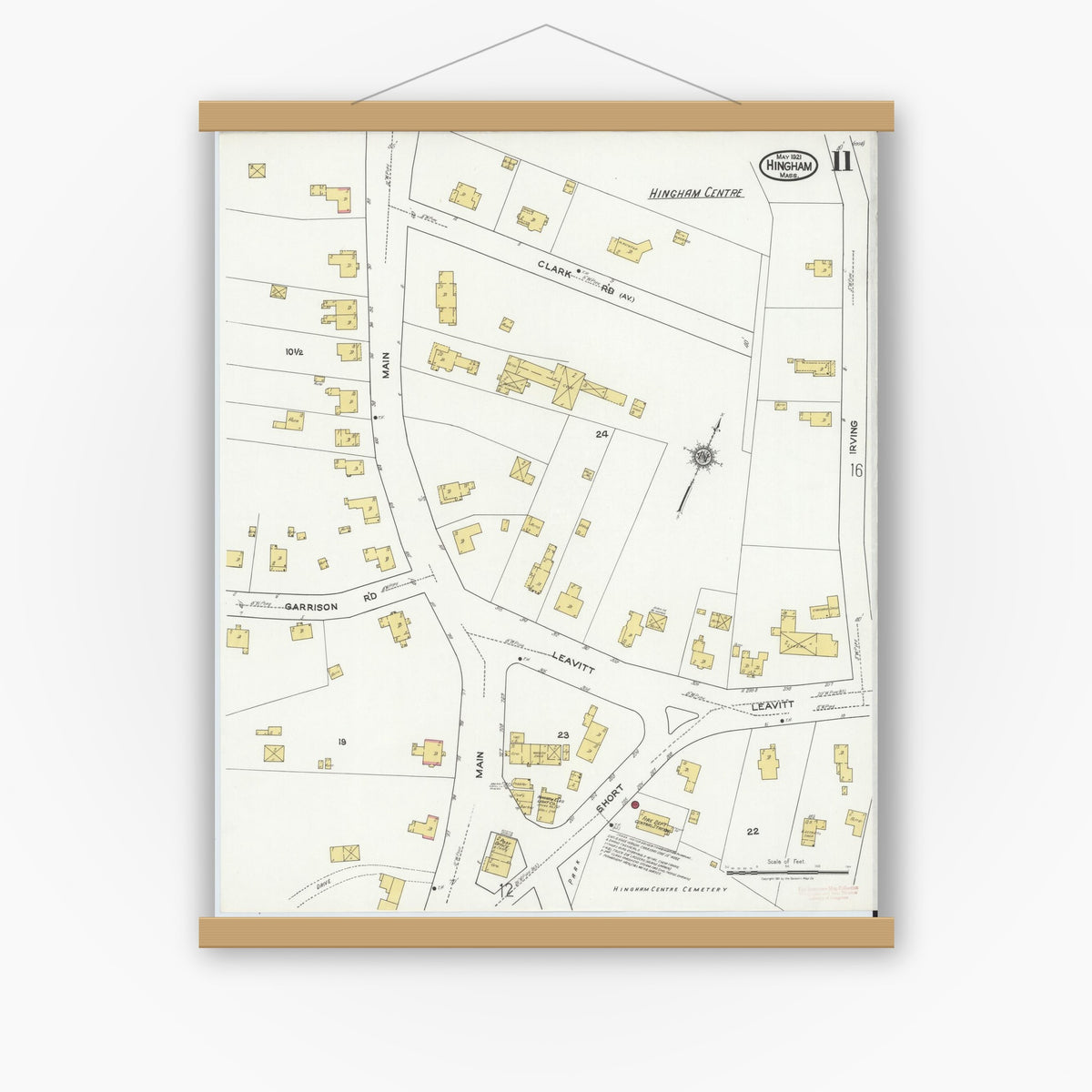 Old map wall art mockup — magnetic wood frame on white wall — Sanborn Fire Insurance Map from Hingham, Plymouth County, Massachusetts (1921), Sheet #0011
