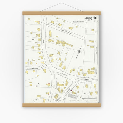 Old map wall art mockup — magnetic wood frame on white wall — Sanborn Fire Insurance Map from Hingham, Plymouth County, Massachusetts (1921), Sheet #0011