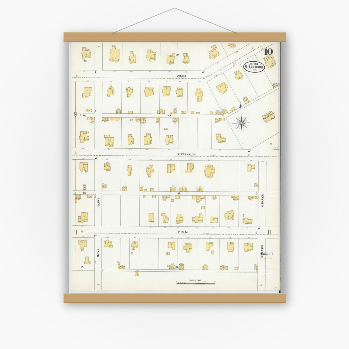 Old map wall art mockup — magnetic wood frame on white wall — Sanborn Fire Insurance Map from Hillsboro, Hill County, Texas (1905), Sheet #0010