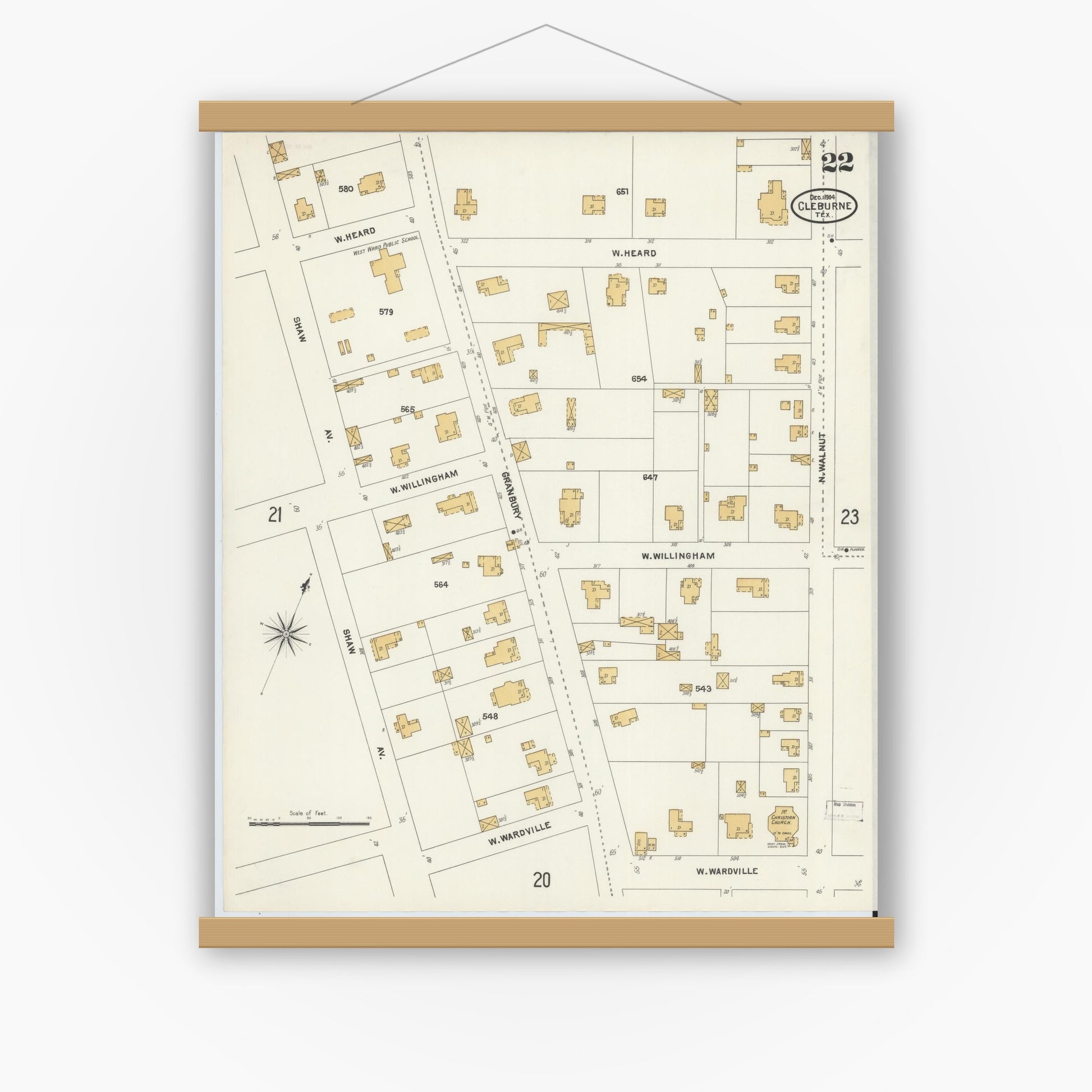 Old map wall art mockup — magnetic wood frame on white wall — Sanborn Fire Insurance Map from Cleburne, Johnson County, Texas (1904), Sheet #0022