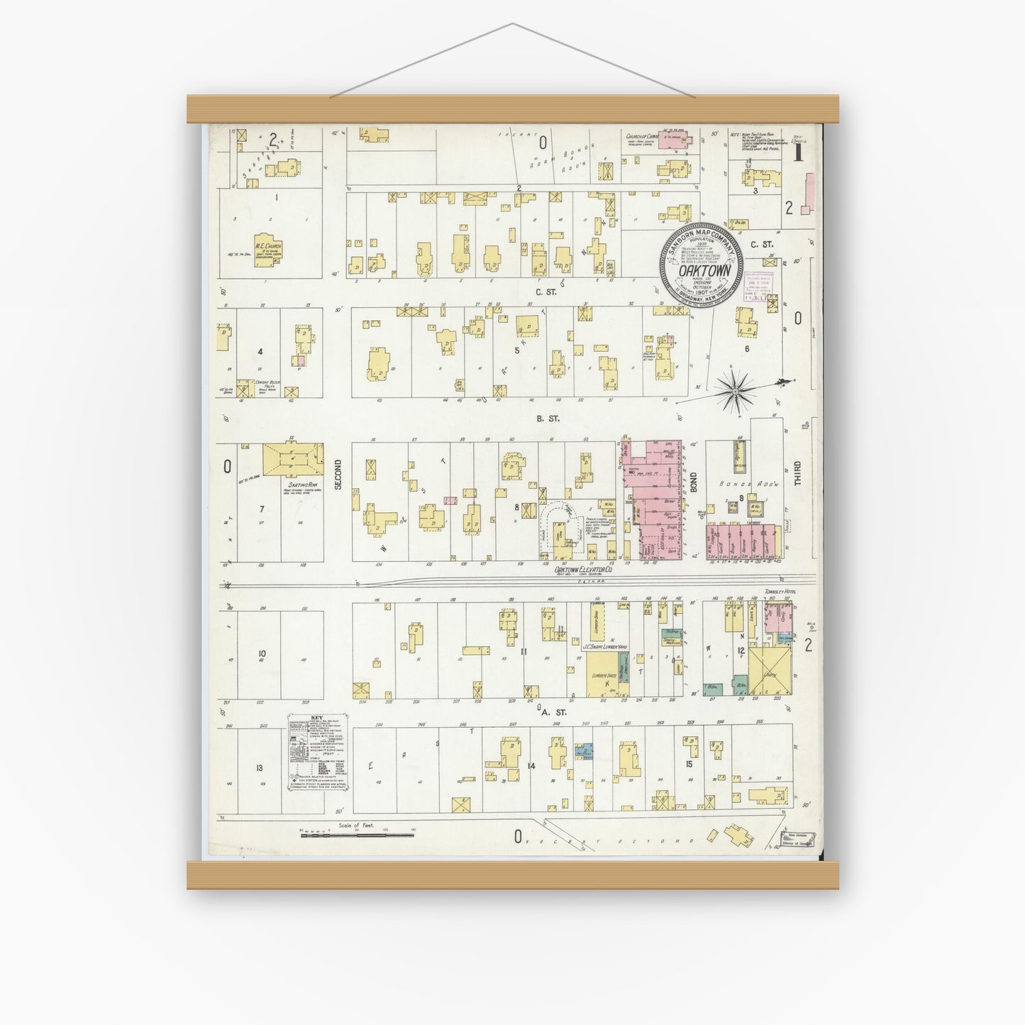 Old map wall art mockup — magnetic wood frame on white wall — Sanborn Fire Insurance Map from Oaktown, Knox County, Indiana (1907), Sheet #0001