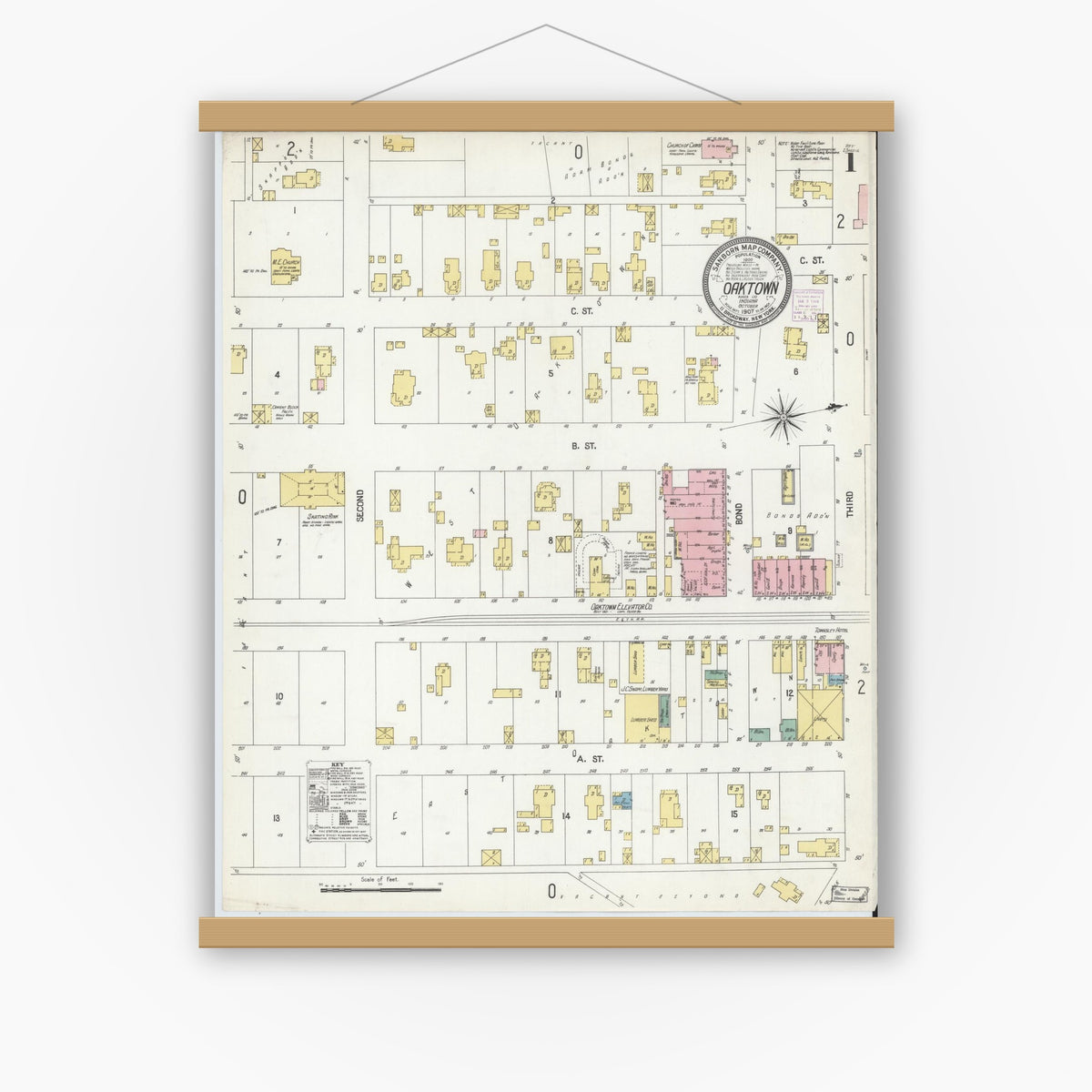 Old map wall art mockup — magnetic wood frame on white wall — Sanborn Fire Insurance Map from Oaktown, Knox County, Indiana (1907), Sheet #0001
