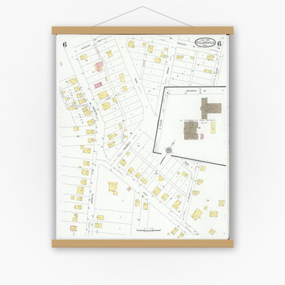 Old map wall art mockup — magnetic wood frame on white wall — Sanborn Fire Insurance Map from Saint Clairsville, Belmont County, Ohio (1929), Sheet #0006