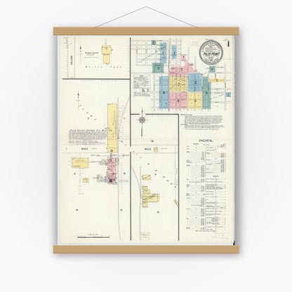Old map wall art mockup — magnetic wood frame on white wall — Sanborn Fire Insurance Map from Pilot Point, Denton County, Texas (1912), Sheet #0001