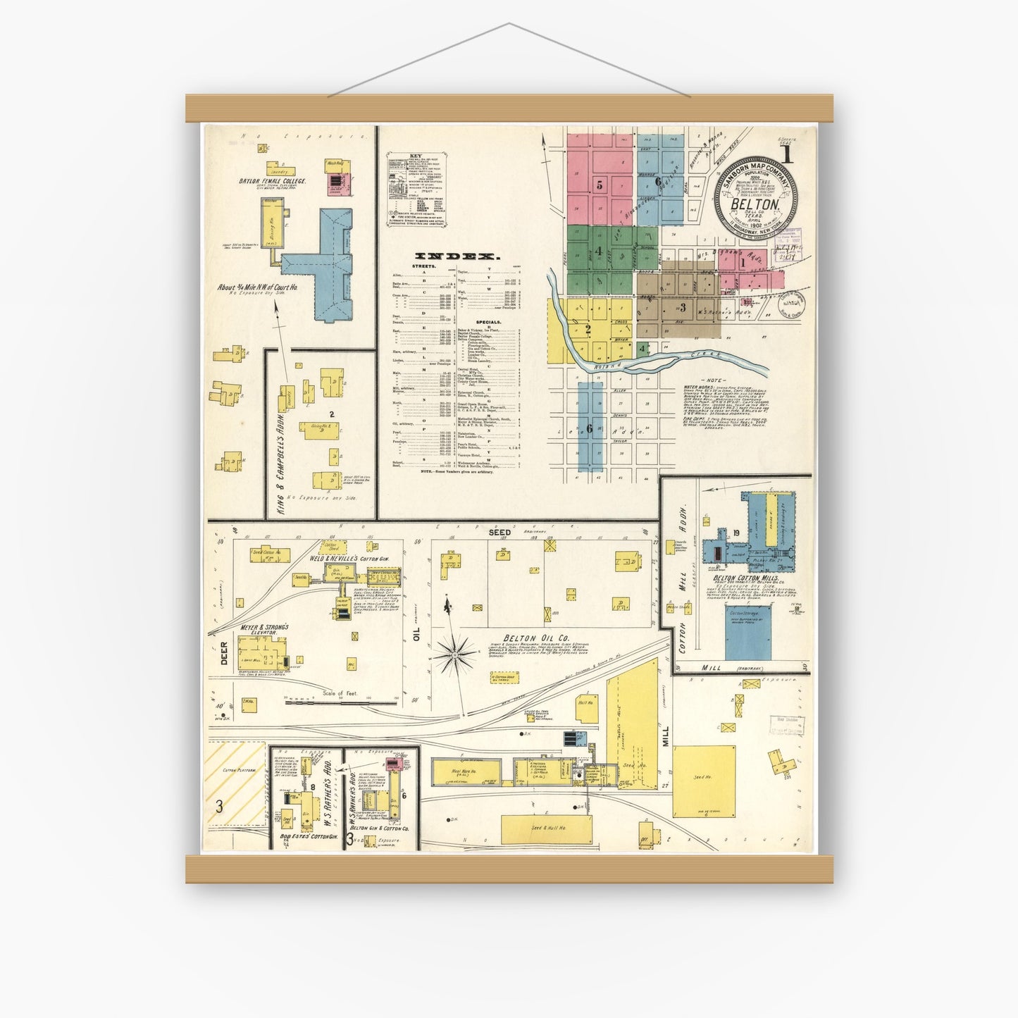 Old map wall art mockup — magnetic wood frame on white wall — Sanborn Fire Insurance Map from Belton, Bell County, Texas (1902), Sheet #0001